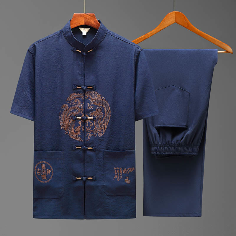 Buddha Stones Smok Fu Charakter Tang Garnitur Tradycyjny Krótki Rękaw Koszula Szerokie Spodnie Odzież Męski Zestaw - Niebieski (top i spodnie) - US/UK/AU44， EU54 (4XL) - image 0