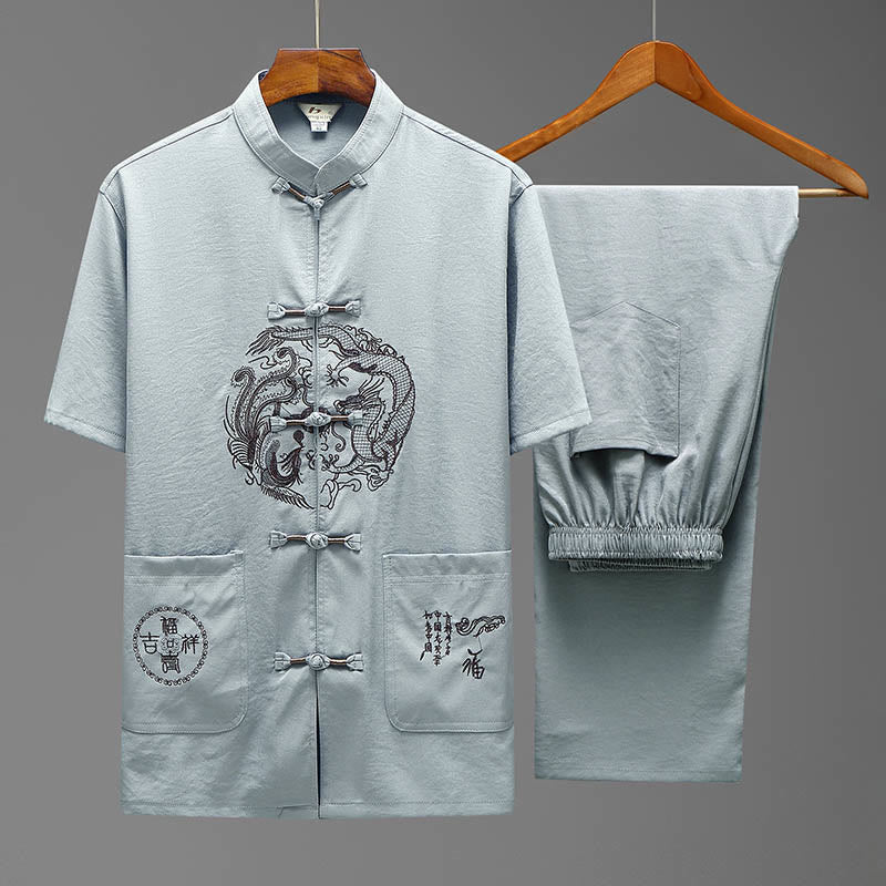 Buddha Stones Smok Fu Charakter Tang Garnitur Tradycyjny Krótki Rękaw Koszula Szerokie Spodnie Odzież Męski Zestaw - Jasnoszary (top i spodnie) - US/UK/AU44， EU54 (4XL) - image 16