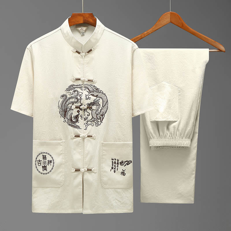 Buddha Stones Smok Fu Charakter Tang Garnitur Tradycyjny Krótki Rękaw Koszula Szerokie Spodnie Odzież Męski Zestaw - Beżowy (top i spodnie) - US/UK/AU44， EU54 (4XL) - image 1