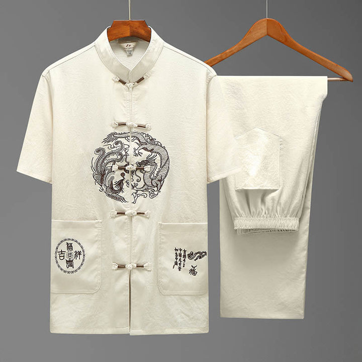 Buddha Stones Smok Fu Charakter Tang Garnitur Tradycyjny Krótki Rękaw Koszula Szerokie Spodnie Odzież Męski Zestaw - Beżowy (top i spodnie) - US/UK/AU44， EU54 (4XL) - image 1