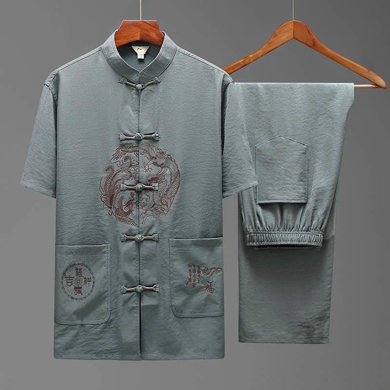 Buddha Stones Smok Fu Charakter Tang Garnitur Tradycyjny Krótki Rękaw Koszula Szerokie Spodnie Odzież Męski Zestaw - Szary (top i spodnie) - US/UK/AU44， EU54 (4XL) - image 2