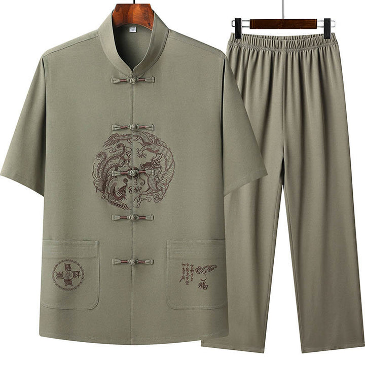 Buddha Stones Smok Fu Charakter Tang Garnitur Tradycyjny Krótki Rękaw Koszula Szerokie Spodnie Odzież Męski Zestaw - Zielony (top i spodnie) - US/UK/AU44， EU54 (4XL) - image 17