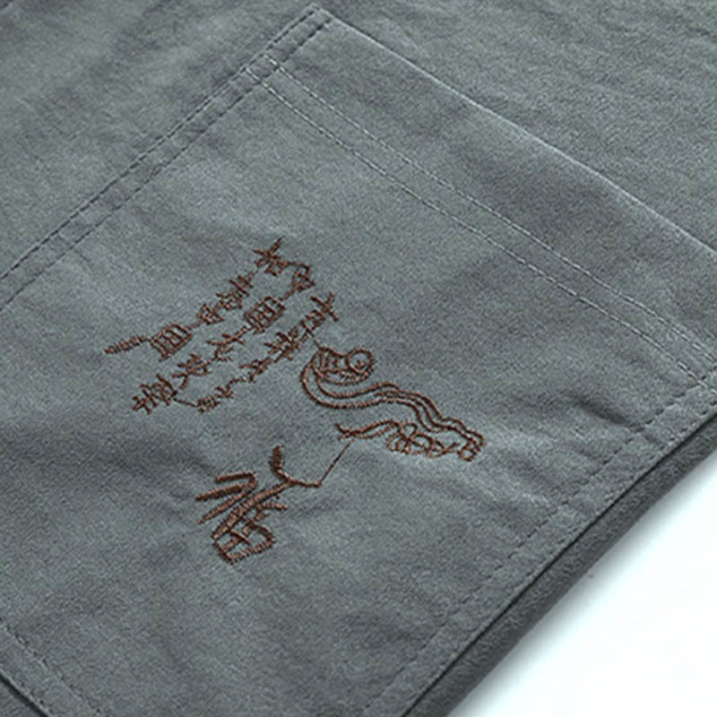 Buddha Stones Smok Fu Charakter Tang Garnitur Tradycyjny Krótki Rękaw Koszula Szerokie Spodnie Odzież Męski Zestaw - image 10