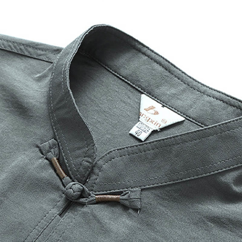 Buddha Stones Smok Fu Charakter Tang Garnitur Tradycyjny Krótki Rękaw Koszula Szerokie Spodnie Odzież Męski Zestaw - image 3