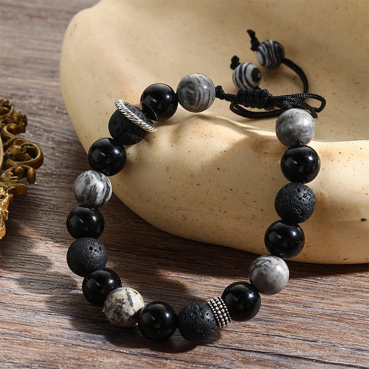 Buddha Stones Vintage Lava Rock Czarny Obsydian Picasso Jasper Koraliki Wsparcie Bransoletka Lina