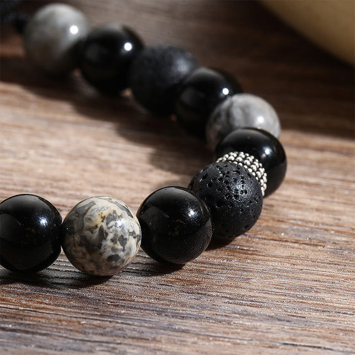 Buddha Stones Vintage Lava Rock Czarny Obsydian Picasso Jasper Koraliki Wsparcie Bransoletka Lina