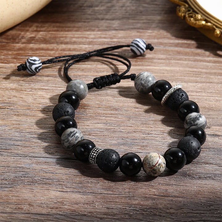 Buddha Stones Vintage Lava Rock Czarny Obsydian Picasso Jasper Koraliki Wsparcie Bransoletka Lina