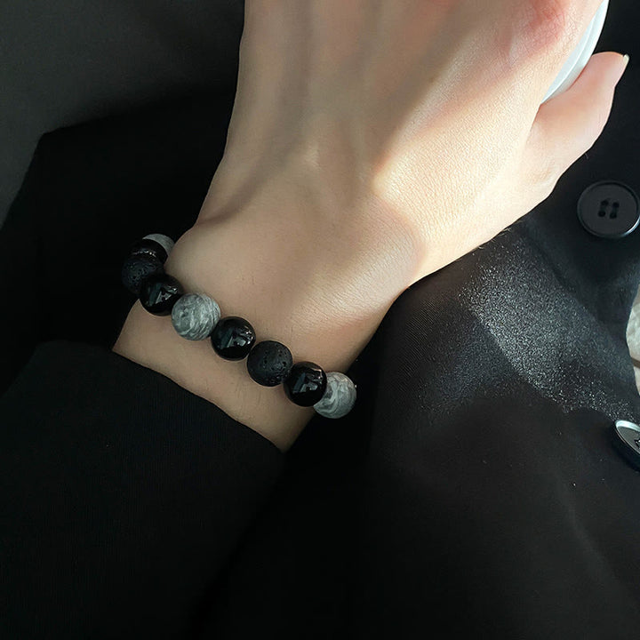 Buddha Stones Vintage Lava Rock Czarny Obsydian Picasso Jasper Koraliki Wsparcie Bransoletka Lina