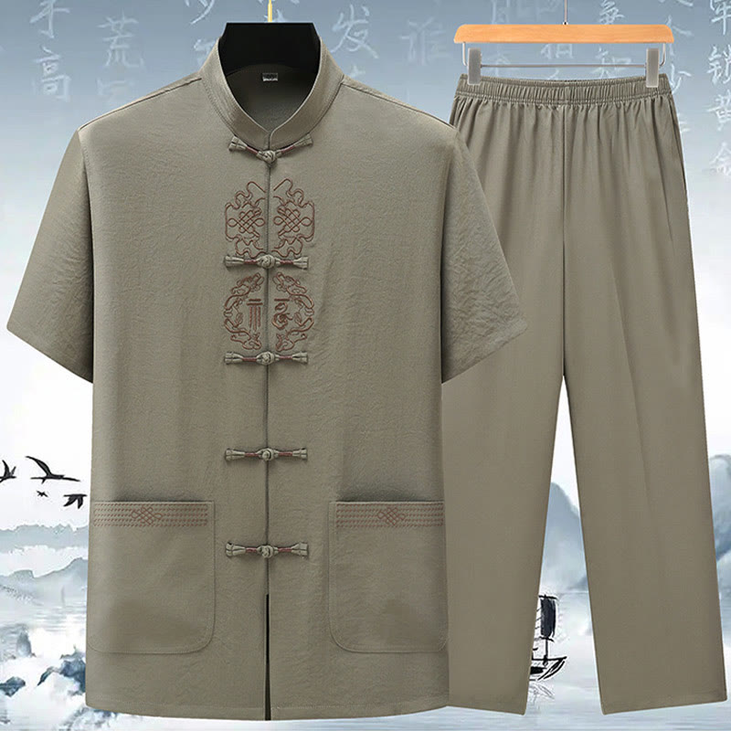 Buddha Stones Fu Charakter Chiński Haft Tang Garnitur Tradycyjny Krótki Rękaw Top Spodnie Odzież Męski Zestaw - Jasnozielony (top i spodnie) - US/UK/AU42， EU52 (3XL) - image 2