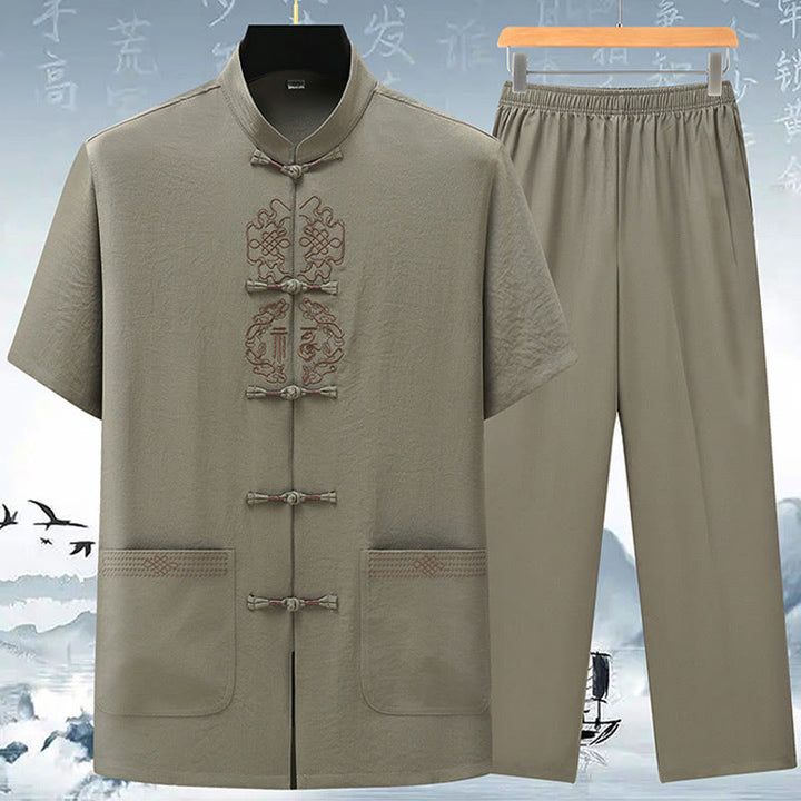 Buddha Stones Fu Charakter Chiński Haft Tang Garnitur Tradycyjny Krótki Rękaw Top Spodnie Odzież Męski Zestaw - Jasnozielony (top i spodnie) - US/UK/AU42， EU52 (3XL) - image 2