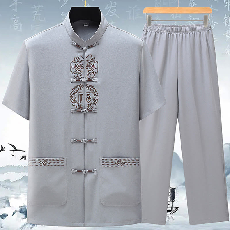 Buddha Stones Fu Charakter Chiński Haft Tang Garnitur Tradycyjny Krótki Rękaw Top Spodnie Odzież Męski Zestaw - Jasnoszary (top i spodnie) - US/UK/AU42， EU52 (3XL) - image 3
