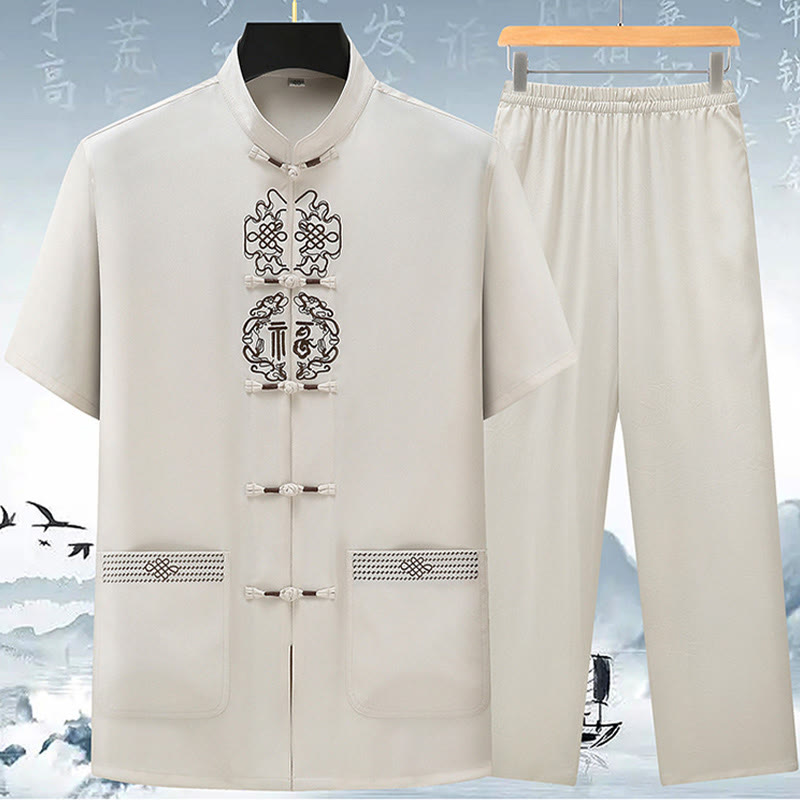 Buddha Stones Fu Charakter Chiński Haft Tang Garnitur Tradycyjny Krótki Rękaw Top Spodnie Odzież Męski Zestaw - Beżowy (top i spodnie) - US/UK/AU42， EU52 (3XL) - image 0