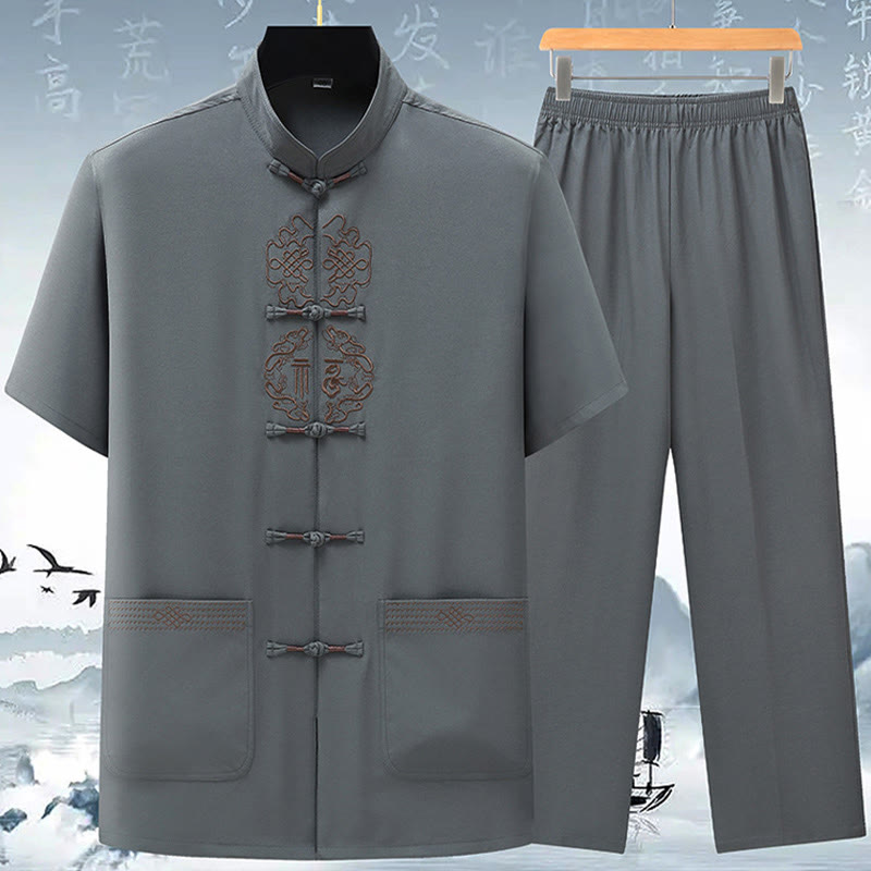 Buddha Stones Fu Charakter Chiński Haft Tang Garnitur Tradycyjny Krótki Rękaw Top Spodnie Odzież Męski Zestaw - Szary (top i spodnie) - US/UK/AU42， EU52 (3XL) - image 5