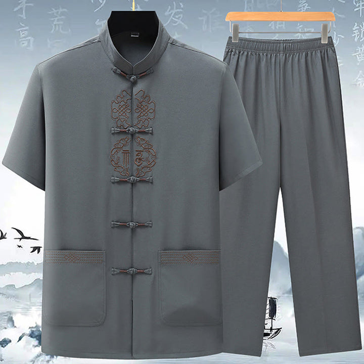 Buddha Stones Fu Charakter Chiński Haft Tang Garnitur Tradycyjny Krótki Rękaw Top Spodnie Odzież Męski Zestaw - Szary (top i spodnie) - US/UK/AU42， EU52 (3XL) - image 5