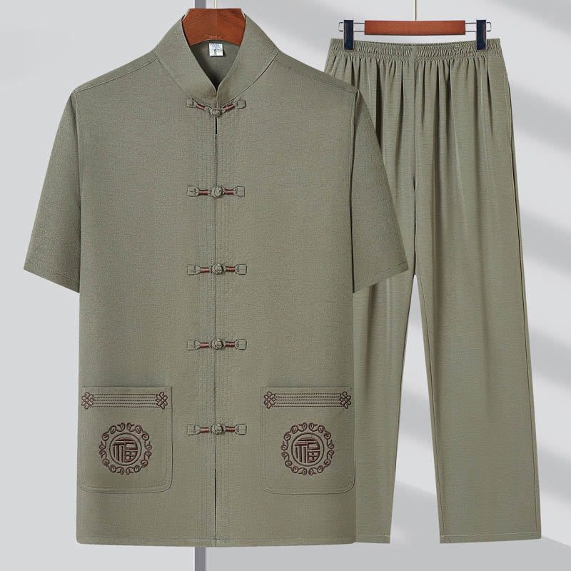 Buddha Stones Fu Haftowany Strój Tang Tradycyjny Żabka-Guzik Krótki Rękaw Spodnie Odzież Męski Zestaw - Jasnozielony (top i spodnie) - US/UK/AU44， EU54 (4XL) - image 0