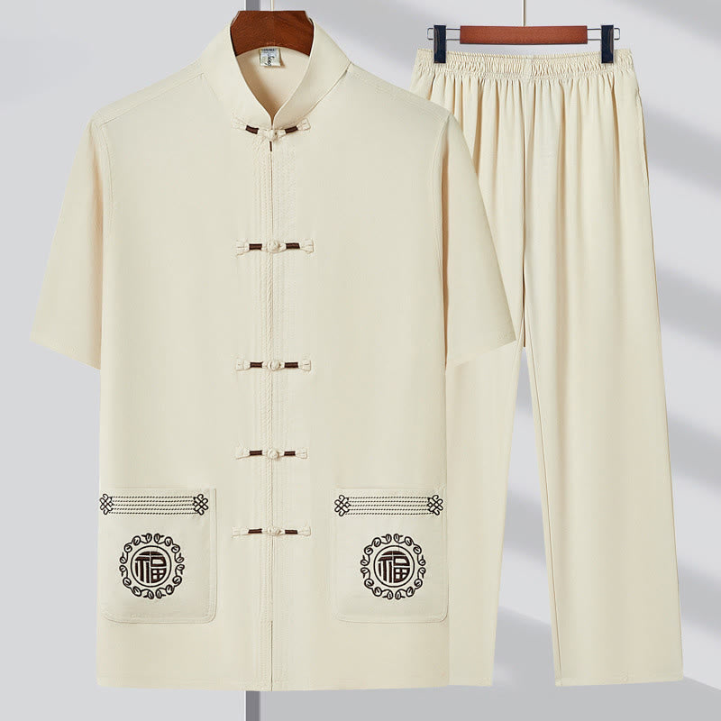 Buddha Stones Fu Haftowany Strój Tang Tradycyjny Żabka-Guzik Krótki Rękaw Spodnie Odzież Męski Zestaw - Beżowy (top i spodnie) - 4XL(pasuje do rozmiarów US/UK/AU44; EU54) - image 2