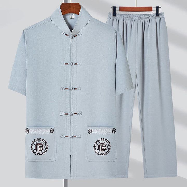 Buddha Stones Fu Haftowany Strój Tang Tradycyjny Żabka-Guzik Krótki Rękaw Spodnie Odzież Męski Zestaw - Jasnoszary (top i spodnie) - 4XL(pasuje do rozmiarów US/UK/AU44; EU54) - image 5