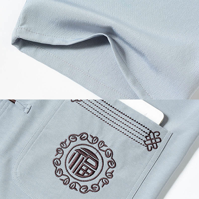 Buddha Stones Fu Haftowany Strój Tang Tradycyjny Żabka-Guzik Krótki Rękaw Spodnie Odzież Męski Zestaw - image 8