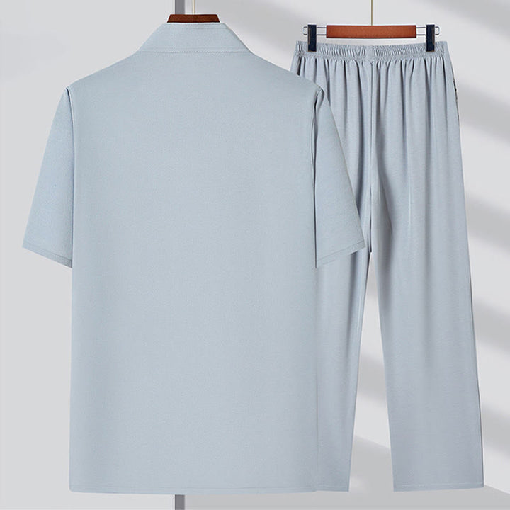 Buddha Stones Fu Haftowany Strój Tang Tradycyjny Żabka-Guzik Krótki Rękaw Spodnie Odzież Męski Zestaw - image 6