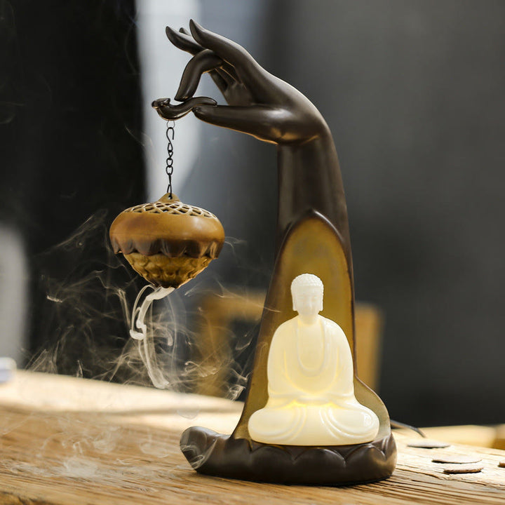 Buddha Stones Led Budda Ręka Cofający się Dym Fontanna Uzdrawiająca Ceramiczna Kadzielnica Dekoracja
