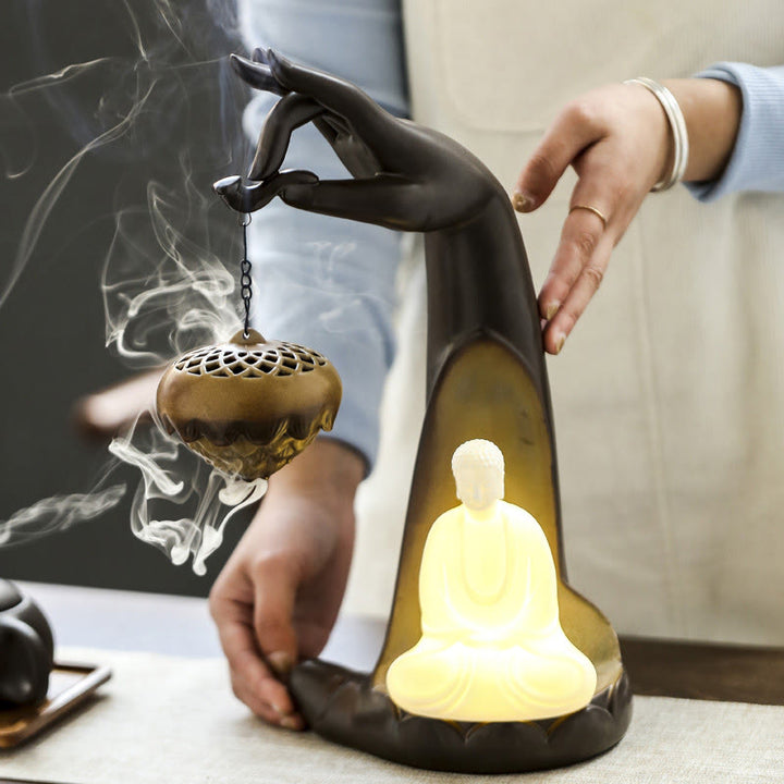 Buddha Stones Led Budda Ręka Cofający się Dym Fontanna Uzdrawiająca Ceramiczna Kadzielnica Dekoracja