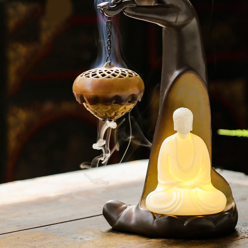 Buddha Stones Led Budda Ręka Cofający się Dym Fontanna Uzdrawiająca Ceramiczna Kadzielnica Dekoracja
