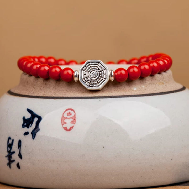 Buddha Stones 925 Srebro Sterlingowe Yin Yang Bagua Symbol Bransoletka Koncentracyjna Sznurka Cynobru