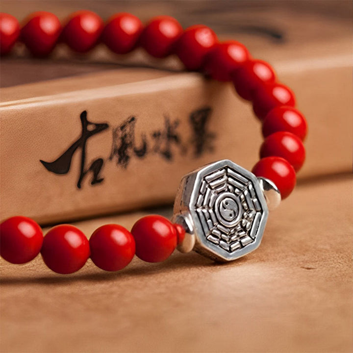 Buddha Stones 925 Srebro Sterlingowe Yin Yang Bagua Symbol Bransoletka Koncentracyjna Sznurka Cynobru