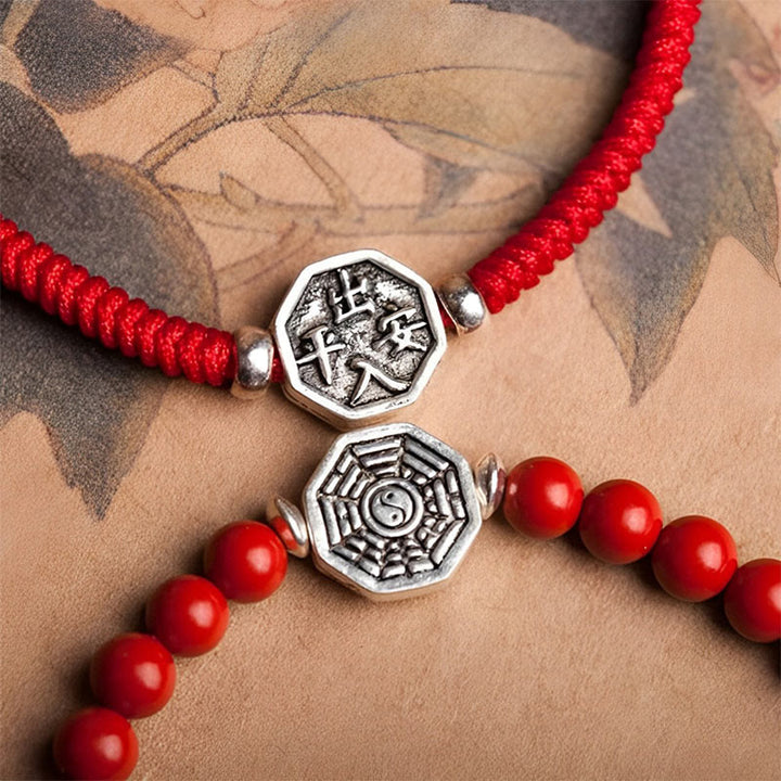 Buddha Stones 925 Srebro Sterlingowe Yin Yang Bagua Symbol Bransoletka Koncentracyjna Sznurka Cynobru