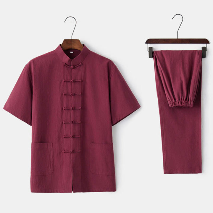 Buddha Stones Jednolity Kolor Żaba-Guzik Tang Suit Tradycyjny Bawełniany Lniany Krótki Rękaw Top Spodnie Odzież Męski Zestaw - Czerwony (top i spodnie) - US/UK/AU44， EU54 (4XL)  - image 9