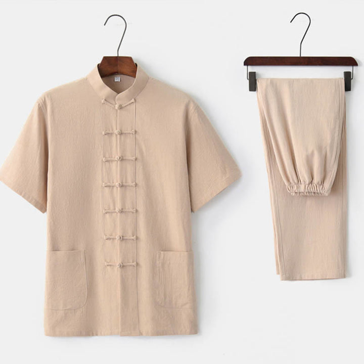 Buddha Stones Jednolity Kolor Żaba-Guzik Tang Suit Tradycyjny Bawełniany Lniany Krótki Rękaw Top Spodnie Odzież Męski Zestaw - Beżowy (top i spodnie) - US/UK/AU44， EU54 (4XL)  - image 8