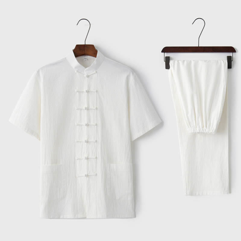 Buddha Stones Jednolity Kolor Żaba-Guzik Tang Suit Tradycyjny Bawełniany Lniany Krótki Rękaw Top Spodnie Odzież Męski Zestaw - Biały (top i spodnie) - US/UK/AU44， EU54 (4XL)  - image 5