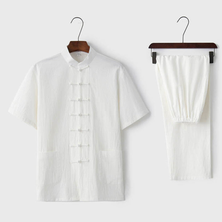 Buddha Stones Jednolity Kolor Żaba-Guzik Tang Suit Tradycyjny Bawełniany Lniany Krótki Rękaw Top Spodnie Odzież Męski Zestaw - Biały (top i spodnie) - US/UK/AU44， EU54 (4XL)  - image 5