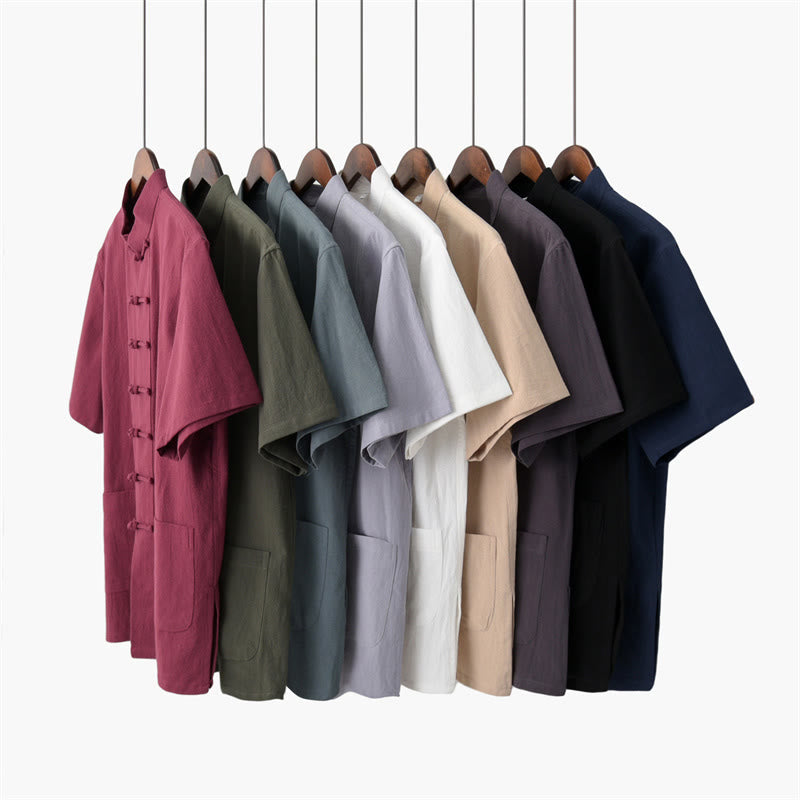 Buddha Stones Jednolity Kolor Żaba-Guzik Tang Suit Tradycyjny Bawełniany Lniany Krótki Rękaw Top Spodnie Odzież Męski Zestaw - image 1