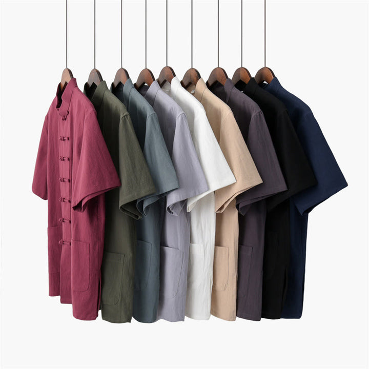 Buddha Stones Jednolity Kolor Żaba-Guzik Tang Suit Tradycyjny Bawełniany Lniany Krótki Rękaw Top Spodnie Odzież Męski Zestaw - image 1