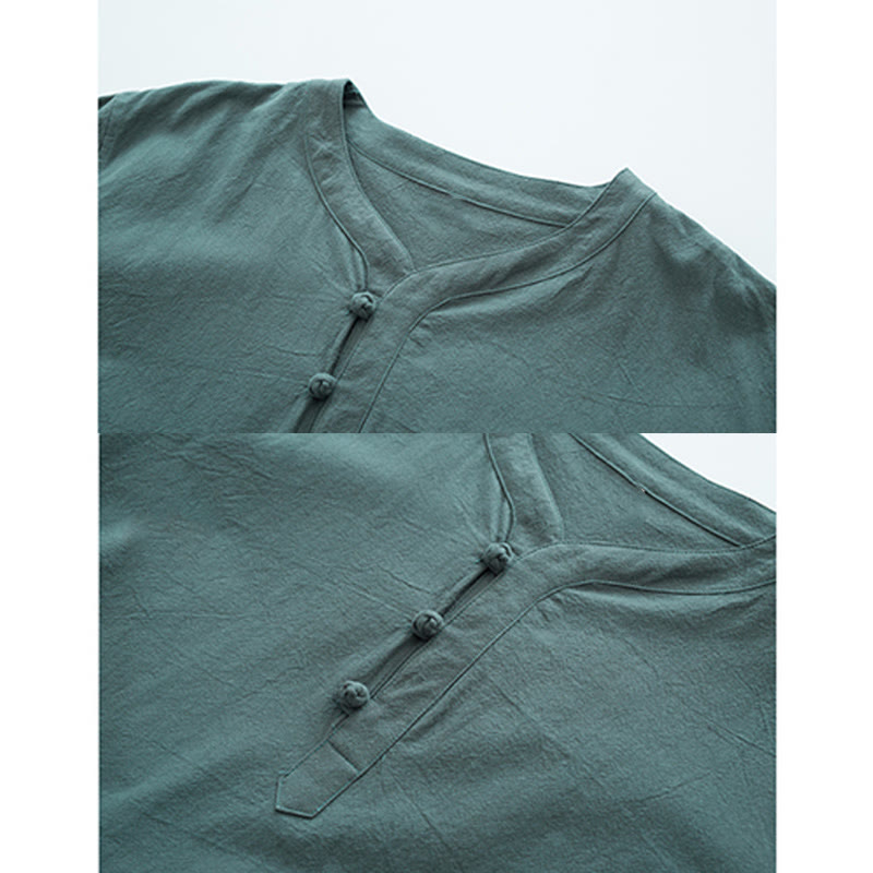 Buddha Stones Jednolity Kolor Tradycyjny Bawełna Len Krótki Rękaw T-shirt Spodnie Odzież Męski Zestaw - image 1