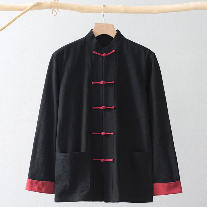 Koszula Buddha Stones, lniana, bawełniana, z nadrukiem, z nadrukiem - Czarna koszula i czerwony guzik żaby - US/UK/AU44， EU54 (4XL) - image 0