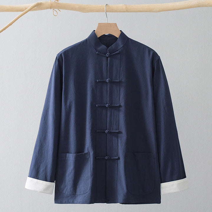 Buddha Stones -Guzik Chiński Tang Garnitur Koszula Bawełniana Lniana Męska Kurtka Odzież - Niebieska koszula i biały guzik żaby - US/UK/AU44， EU54 (4XL) - image 4