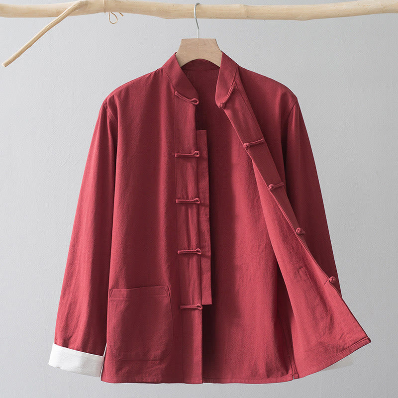 Buddha Stones -Guzik Chiński Tang Garnitur Koszula Bawełniana Lniana Męska Kurtka Odzież - Czerwona koszula i biały guzik żaby - US/UK/AU44， EU54 (4XL) - image 14