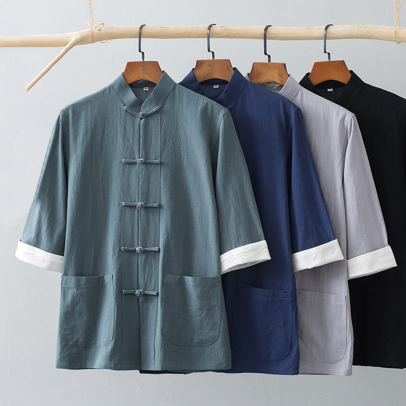 Buddha Stones -Guzik Chiński Tang Suit Pół Rękaw Koszula Bawełniana Męska Odzież Z Kieszeniami - image 0