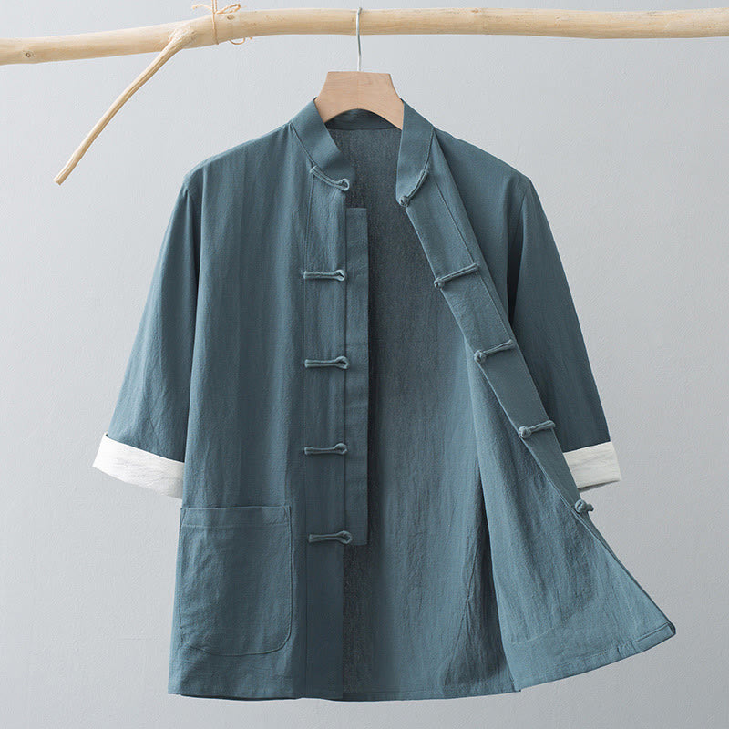 Buddha Stones -Guzik Chiński Tang Suit Pół Rękaw Koszula Bawełniana Męska Odzież Z Kieszeniami - Szaro-zielony - US/UK/AU44， EU54 (4XL) - image 1