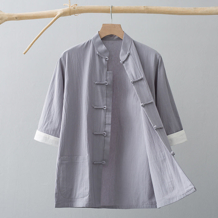 Buddha Stones -Guzik Chiński Tang Suit Pół Rękaw Koszula Bawełniana Męska Odzież Z Kieszeniami - Szary - US/UK/AU44， EU54 (4XL) - image 10