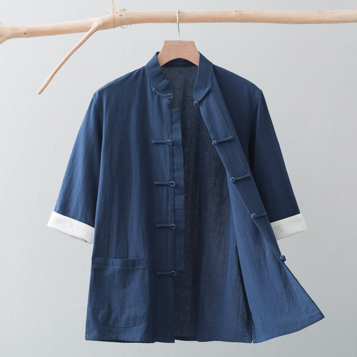 Buddha Stones -Guzik Chiński Tang Suit Pół Rękaw Koszula Bawełniana Męska Odzież Z Kieszeniami - Granatowy - US/UK/AU44， EU54 (4XL) - image 15