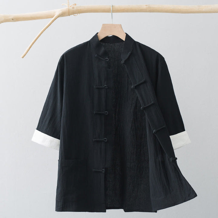 Buddha Stones -Guzik Chiński Tang Suit Pół Rękaw Koszula Bawełniana Męska Odzież Z Kieszeniami - Czarny - US/UK/AU44， EU54 (4XL) - image 12