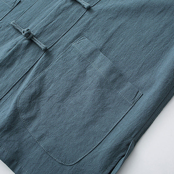 Buddha Stones -Guzik Chiński Tang Suit Pół Rękaw Koszula Bawełniana Męska Odzież Z Kieszeniami - image 6