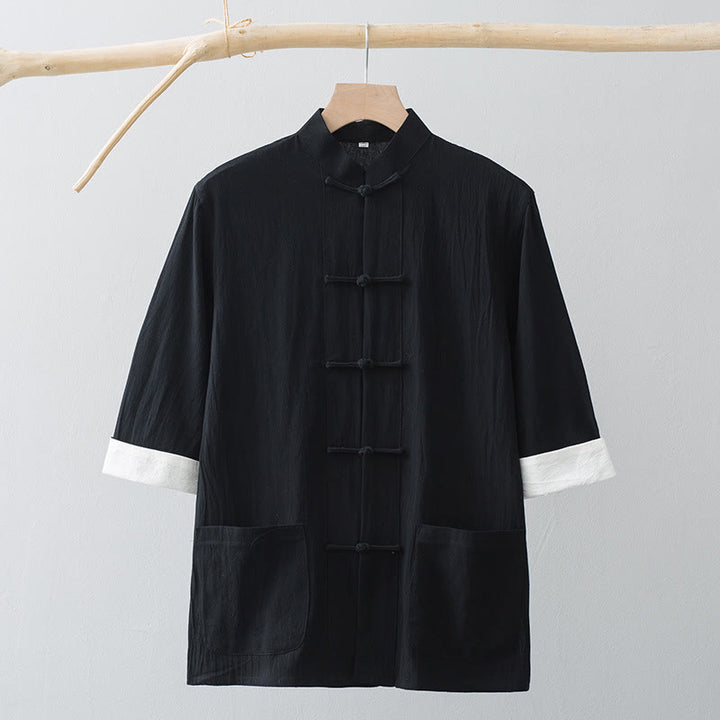 Buddha Stones -Guzik Chiński Tang Suit Pół Rękaw Koszula Bawełniana Męska Odzież Z Kieszeniami - image 13