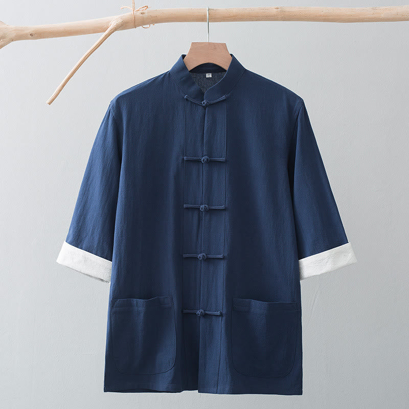 Buddha Stones -Guzik Chiński Tang Suit Pół Rękaw Koszula Bawełniana Męska Odzież Z Kieszeniami - image 16