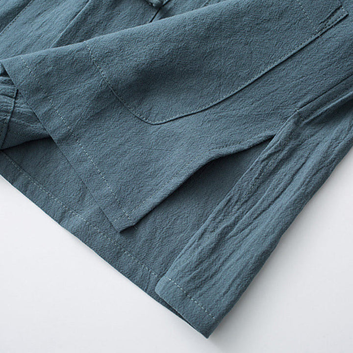 Buddha Stones -Guzik Chiński Tang Suit Pół Rękaw Koszula Bawełniana Męska Odzież Z Kieszeniami - image 8