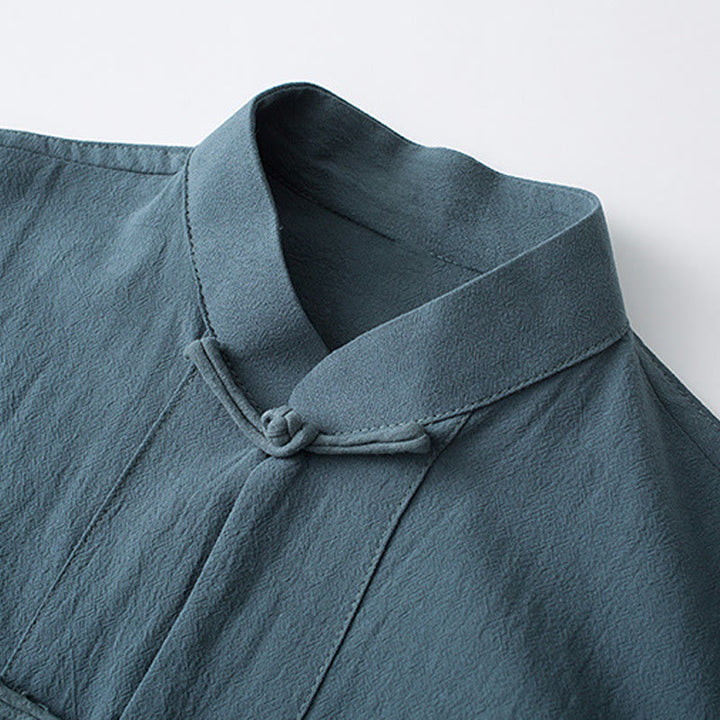 Buddha Stones -Guzik Chiński Tang Suit Pół Rękaw Koszula Bawełniana Męska Odzież Z Kieszeniami - image 3