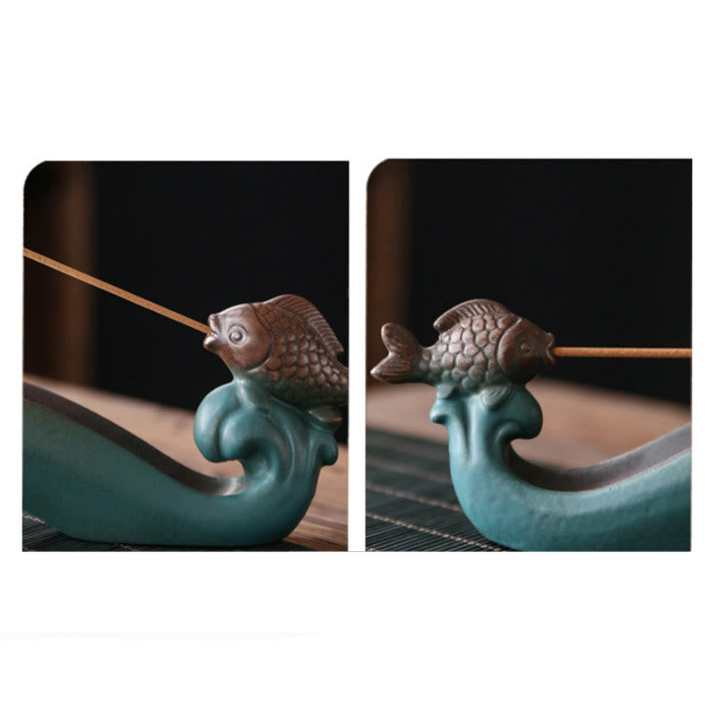 Buddha Stones Podwójna Góra Ryb Koi Uzdrawiająca Ceramiczna Kadzielnica Dekoracja Kadzidła